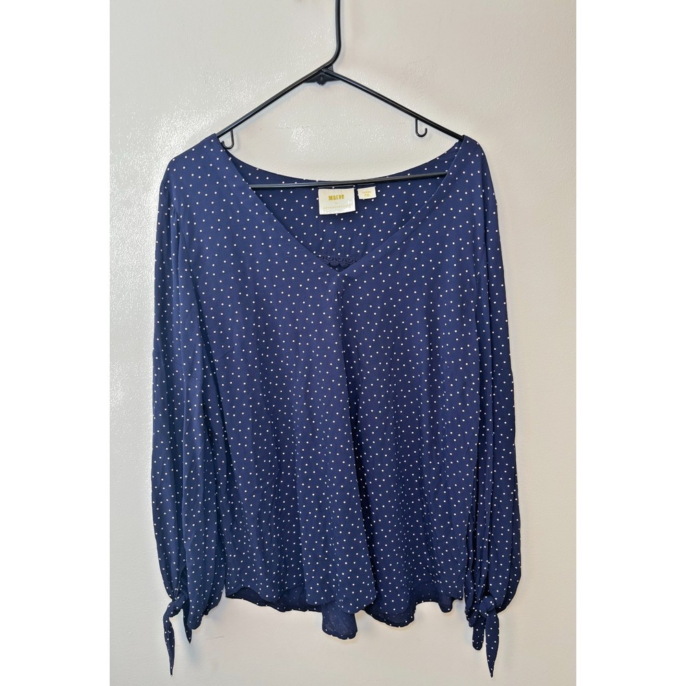Maeve Anthropologie Navy Blue Polka Dot V-Neck Blouse Tie Cuff Women Large